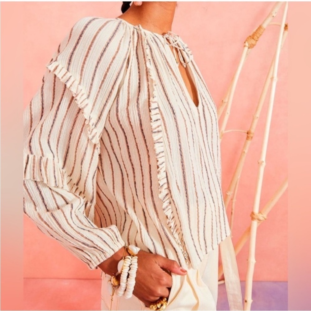 ULLA JOHNSON Liana Metallic Stripe Ruffle Balloon Sleeve Blouse Size 6